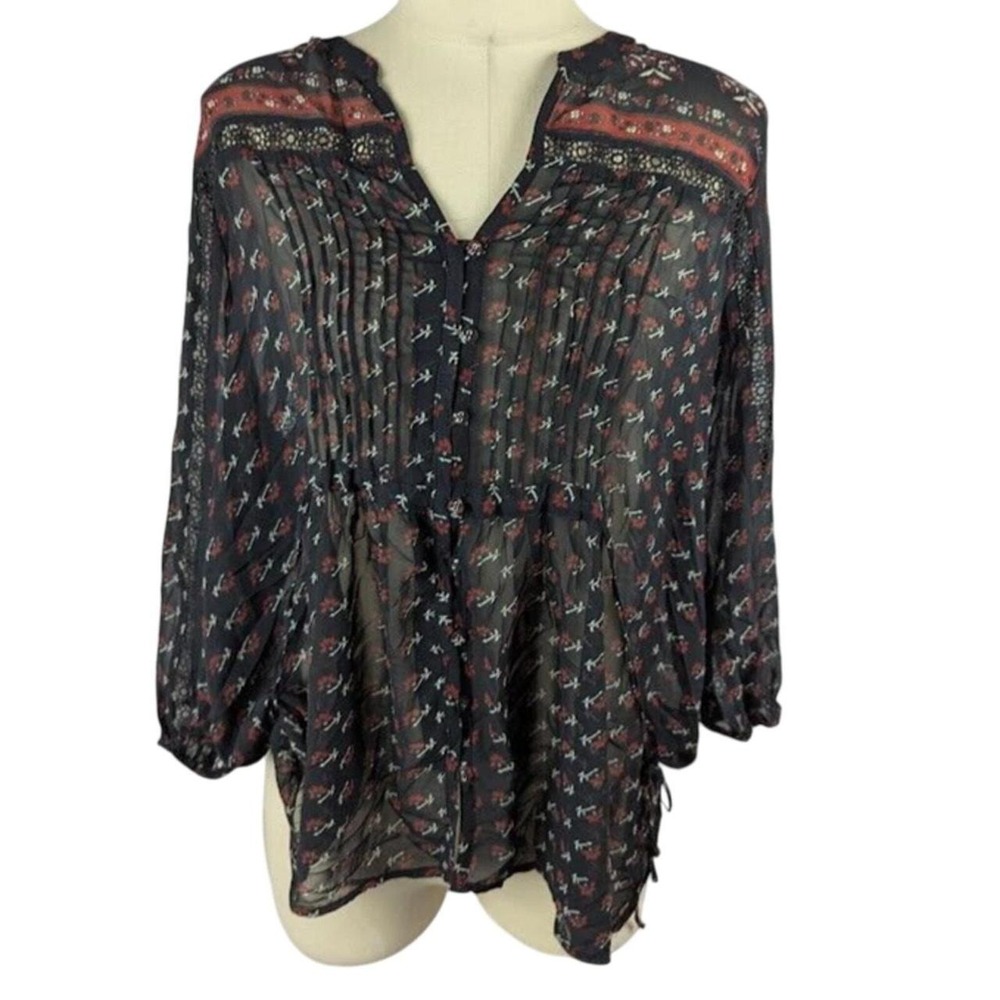 American Rag Trendy Plus Printed Babydoll Blouse Size 0X Black Combo Boho Sheer